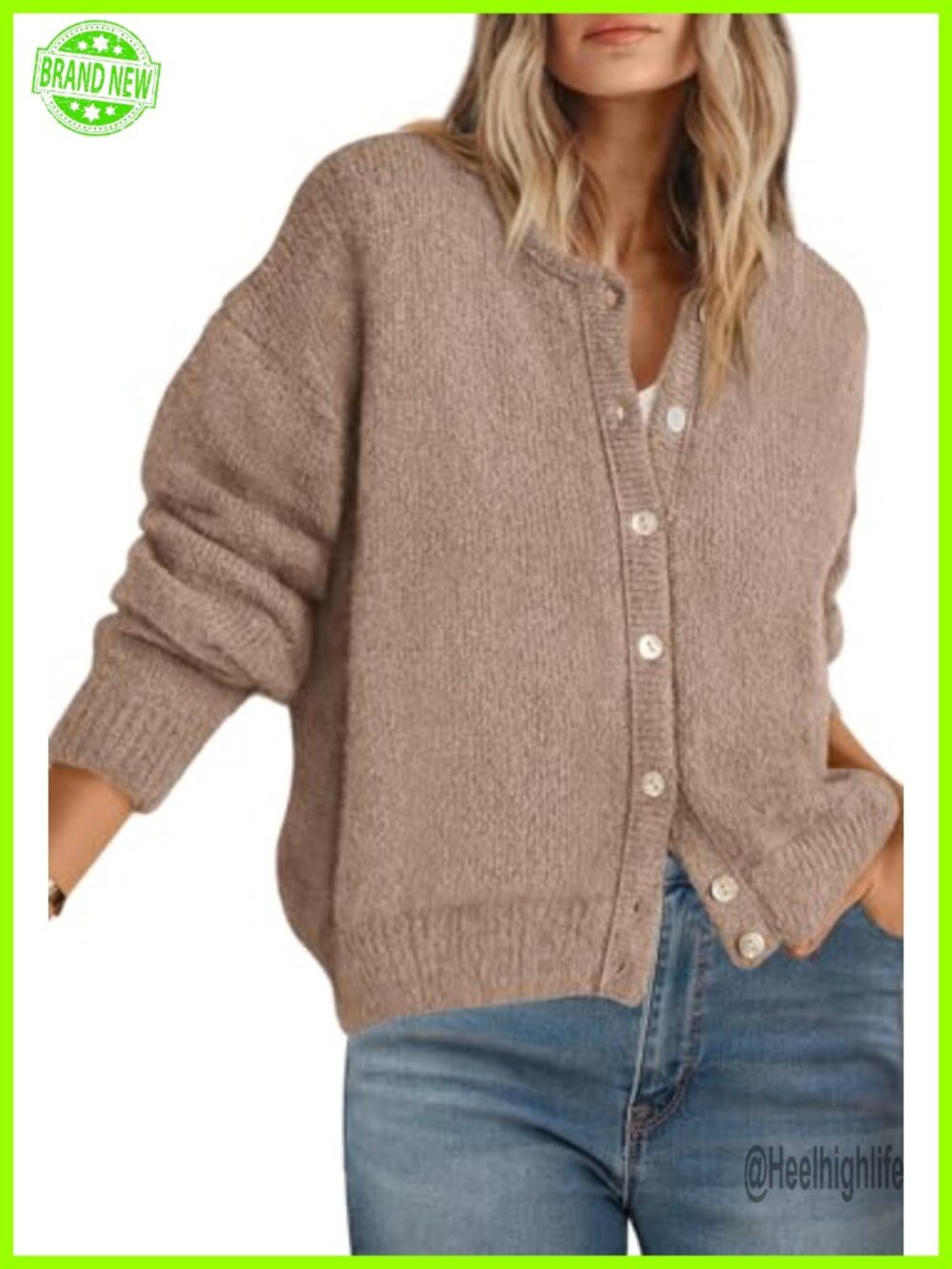 Long Sleeve Button Down Crewneck Cardigan Sweater Lightweight Knit